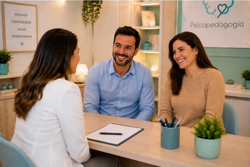 Conversa acolhedora com família em consultório psicopedagógico